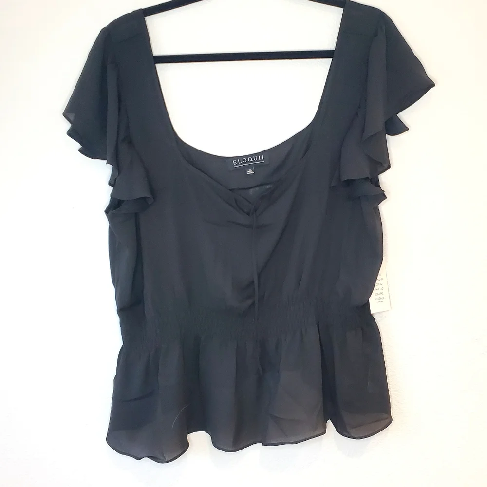 Eloquii Black Flutter Sleeve Blouse With Tie Detail Size 18 - Picture 2 of 11